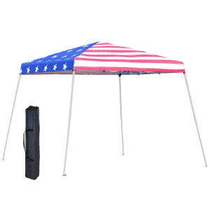 Outsunny Slant Leg Pop Up Canopy Tent with American Flag Roof and Carry Bag, Beach Canopy Instant Sun Shelter, Height Adjustable, (10'x10' Base / 8'x8' Top)